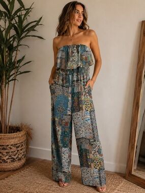 Off-Shoulder Printed Jumpsuit in Teal Patchwork